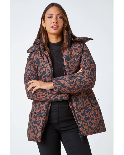 Roman Brown Animal Print Hooded Padded Coat