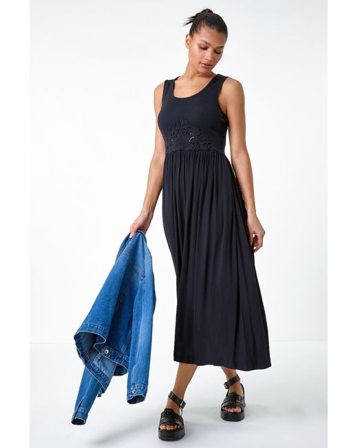 Roman Blue Cotton Blend Lace Detail Midi Dress