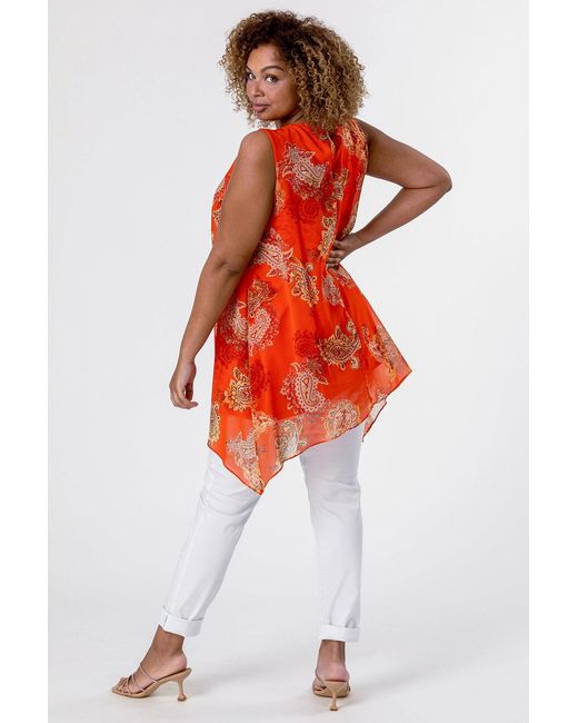 Roman Curve Orange Paisley Print Chiffon Tunic Vest Top