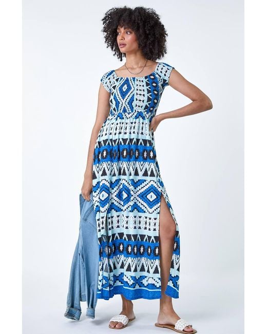 Roman Blue Aztec Shirred Bardot Maxi Dress