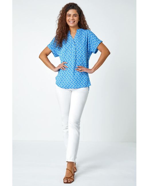 Roman Blue Abstract Print Woven Pleat Front V-Neck Top