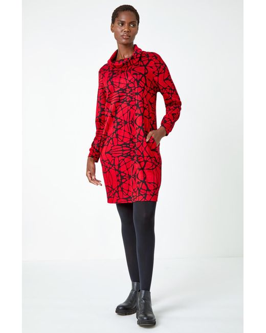 Roman Red Abstract Cowl Neck Pocket Shift Dress