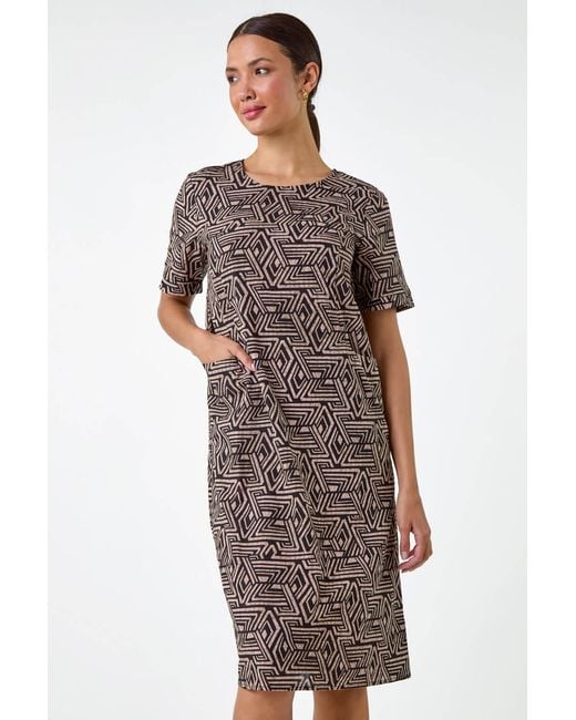 Roman Gray Geometric Print Pocket Shift Dress