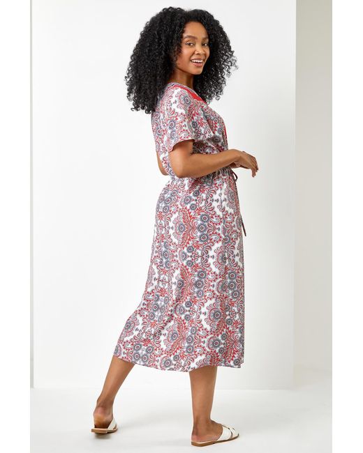Roman Petite Multicolor Paisley Border Print Midi Dress