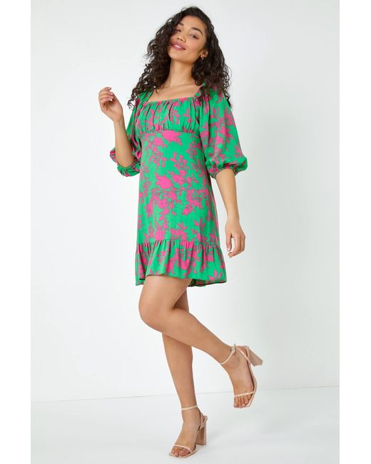 D.u.s.k Green Floral Tie Back Frill Hem Dress