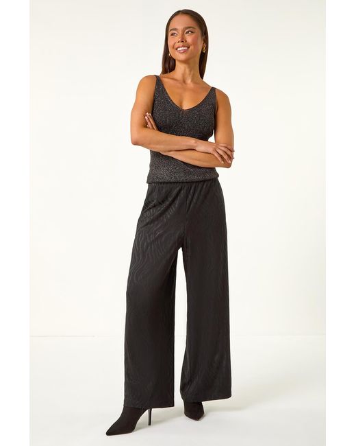 Roman Petite Black Jacquard Wide Leg Trouser