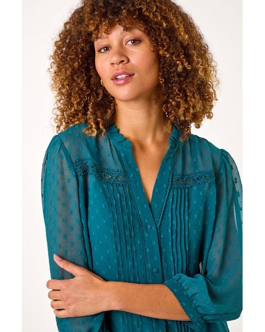 Roman Blue Dobby Lace Front Pleated Blouse