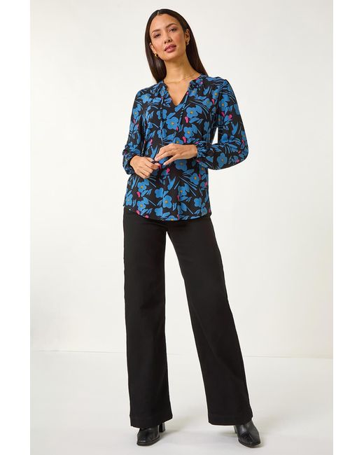 Roman Blue Print Tie Neck Stretch Top