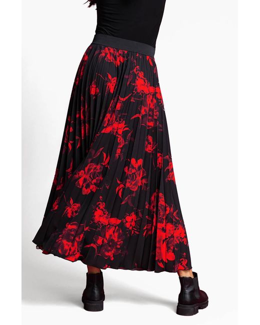 Roman Red Floral Print Pleated Maxi Skirt