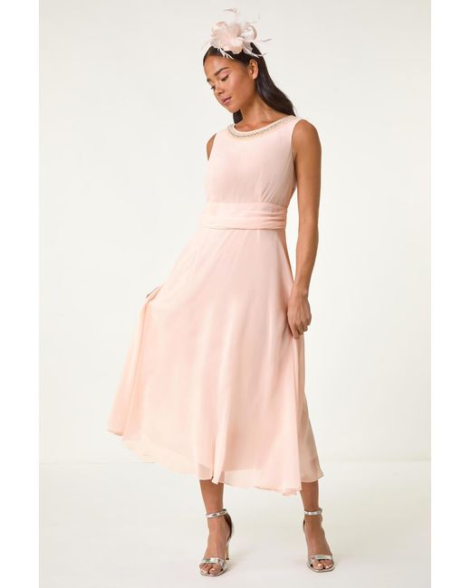 Roman Petite Pink Trim Detail Ruched Midi Dress