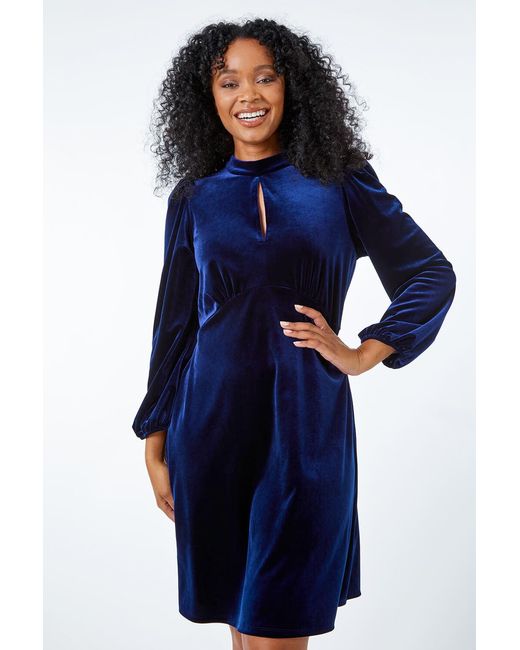 Roman Petite Blue Keyhole Stretch Velvet Dress