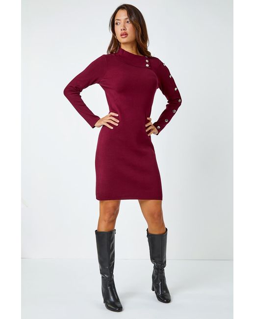 Roman Red Button Detail Roll Neck Jumper Dress