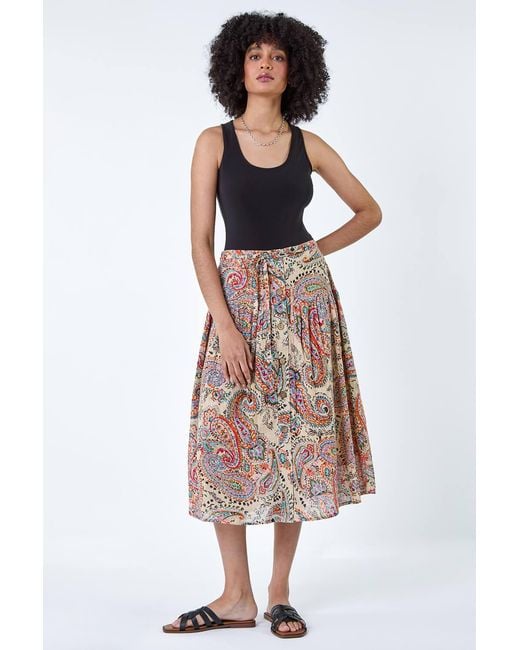 Roman Multicolor Cotton Paisley Boho A Line Midi Skirt