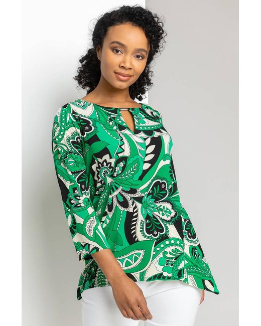 Roman Petite Green Paisley Keyhole Detail Jersey Top