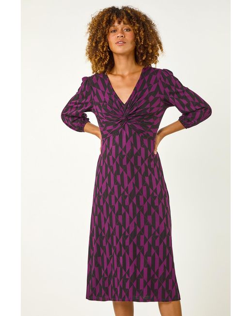 Roman Purple Geometric Print Twist Front Midi Dress