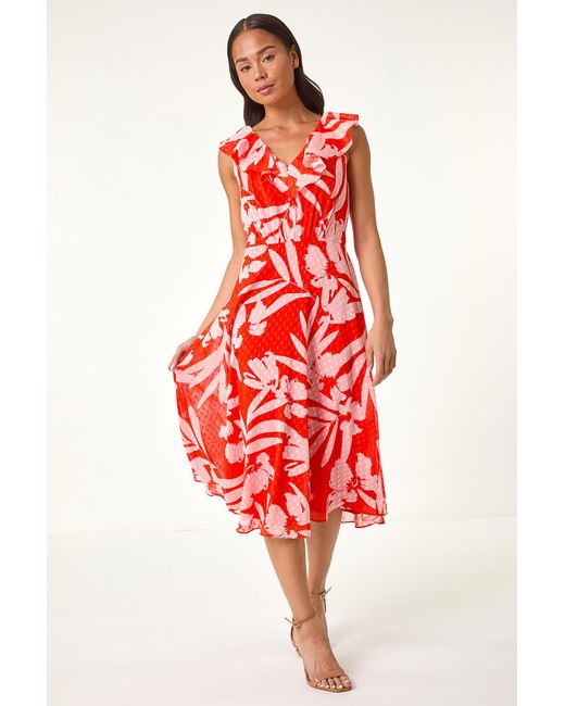 Roman Petite Red Floral Frill Front Dress