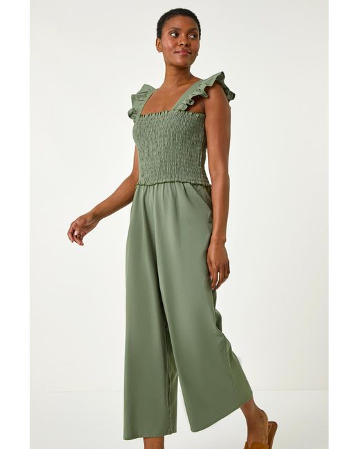 Roman Green Cotton Linen Blend Frill Jumpsuit