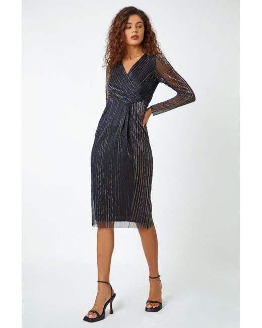 Roman Black Shimmer Stripe Print Midi Wrap Dress