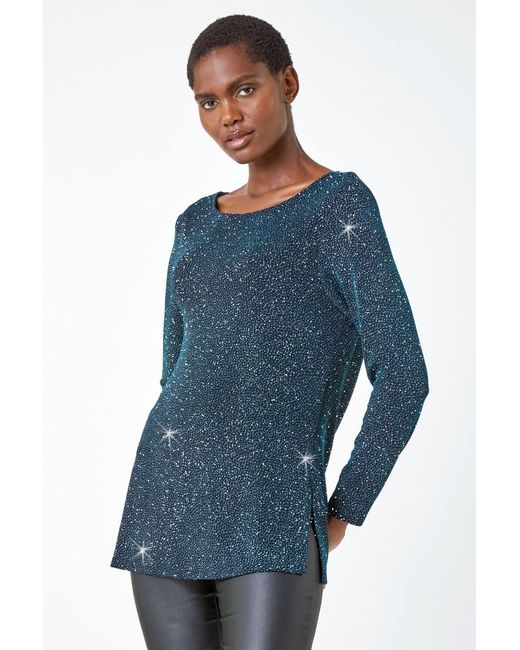 Roman Blue Sparkle Cowl Back Detail Stretch Top