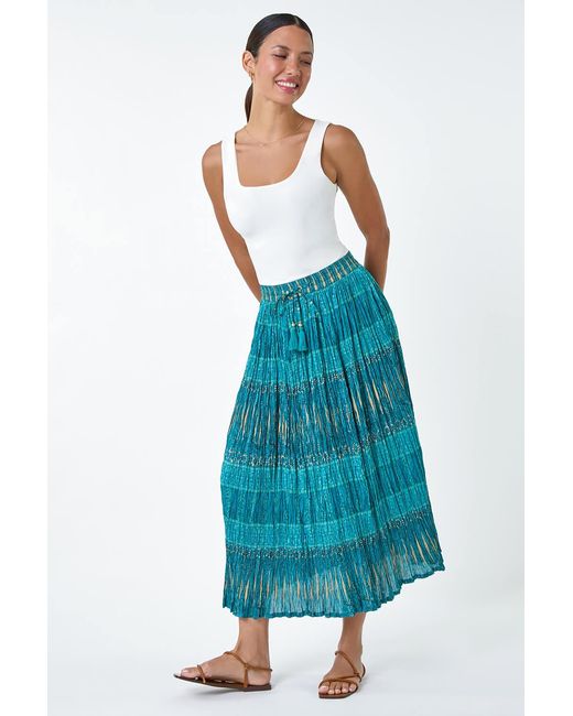 Roman Blue Crinkle Cotton Metallic Foil A Line Midi Skirt