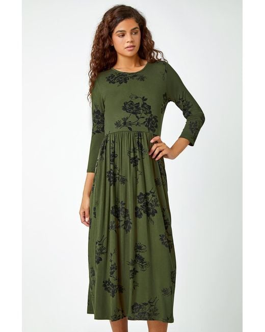 Roman Green Floral Print Midi Stretch Dress