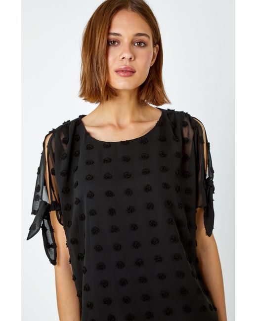 Roman Black Textured Spot Split Sleeve Chiffon Top