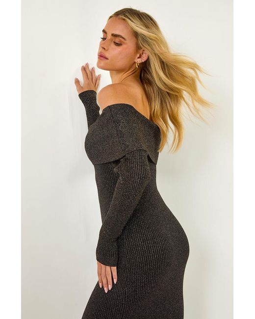 Roman Petite Black Metallic Knit Bardot Midi Dress