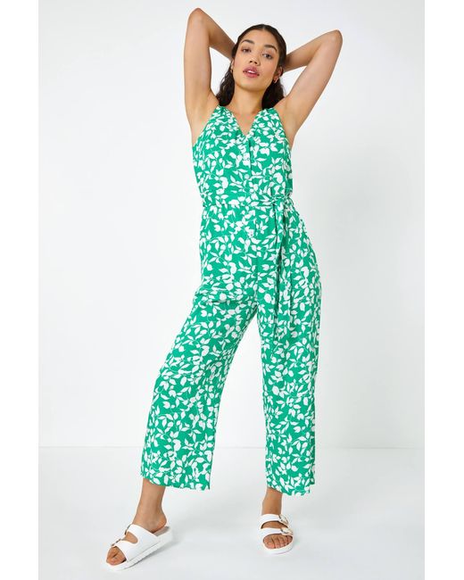 D.u.s.k Green Sleeveless Leaf Print Button Jumpsuit