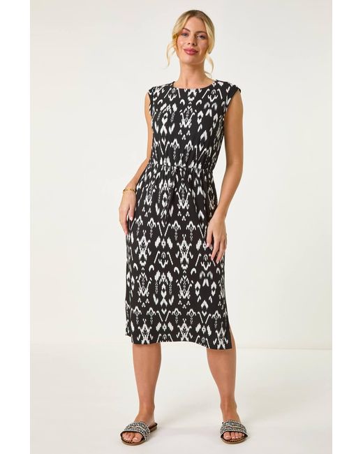 Roman Petite Black Aztec Print Tie Waist Stretch Dress