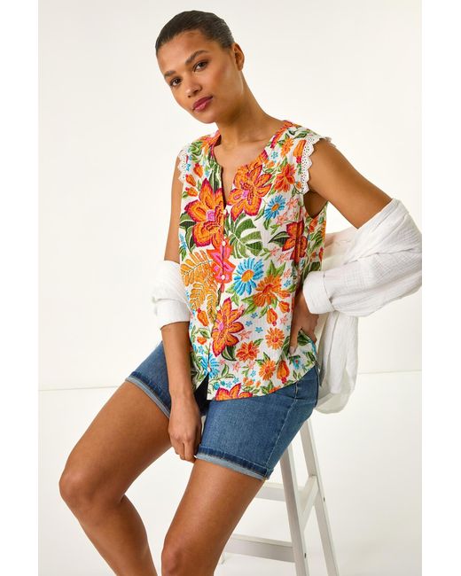 Roman Orange Floral Print Lace Detail Blouse