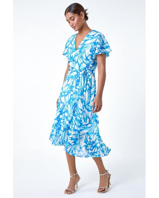 Roman Blue Butterfly Print Chiffon Wrap Dress