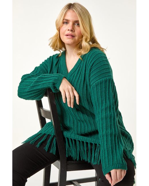 Roman Curve Green V-Neck Tassel Hem Knit Jumper