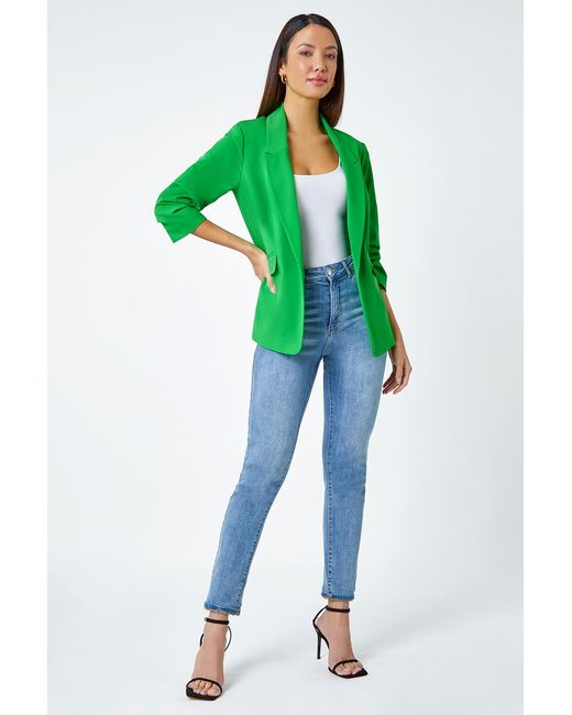 Roman Green Ruched 3/4 Sleeve Stretch Blazer