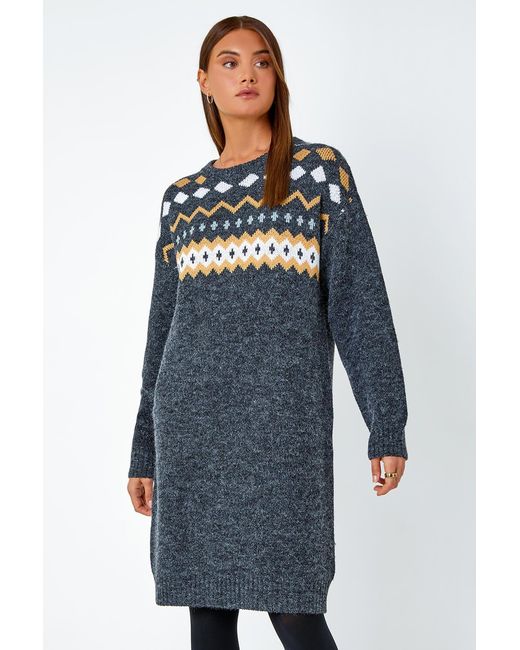 Roman Brown Nordic Print Knitted Jumper Dress