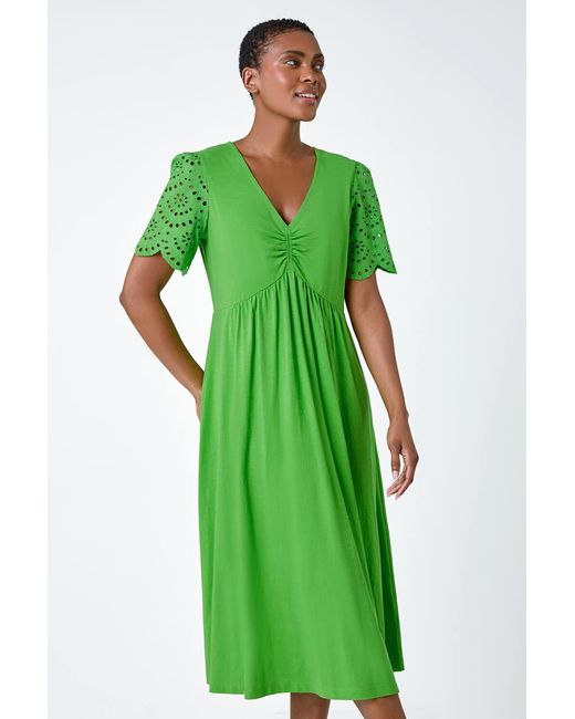 Roman Green Cotton Broderie Sleeve Midi Dress