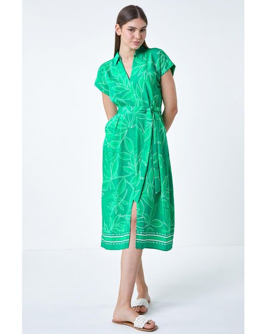 Roman Green Border Leaf Print Midi Dress