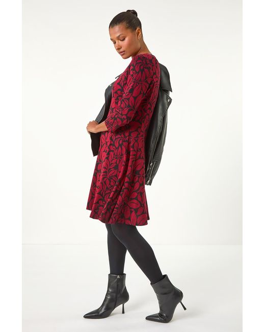 Roman Red Leaf Print Skater Dress