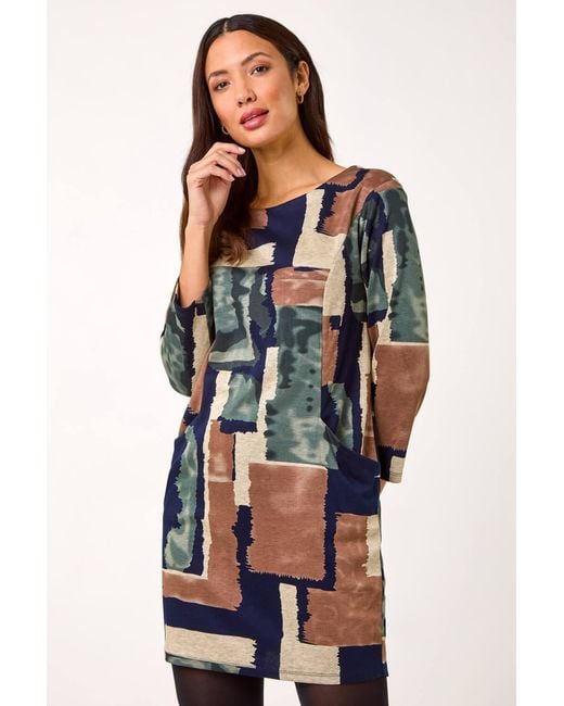 Roman Multicolor Geometric Print Pocket Shift Dress