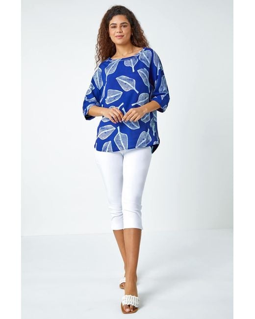 Roman Blue Leaf Print Relaxed Tunic Top