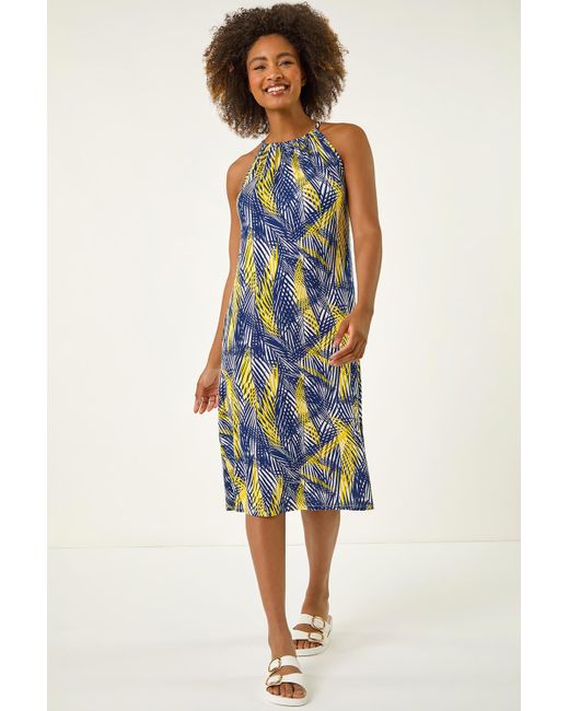 Roman Blue Gathered Palm Print Swing Stretch Dress