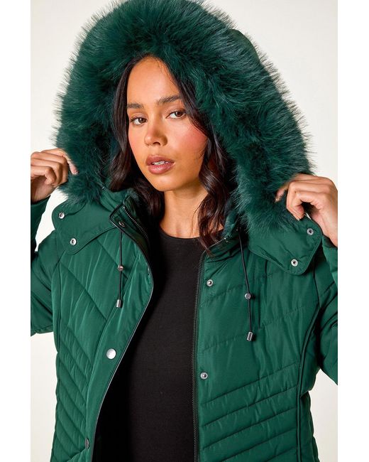 Roman Petite Green Faux Fur Hood Puffer Coat