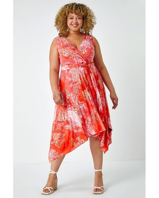 Roman Curve Red Paisley Hanky Hem Stretch Dress