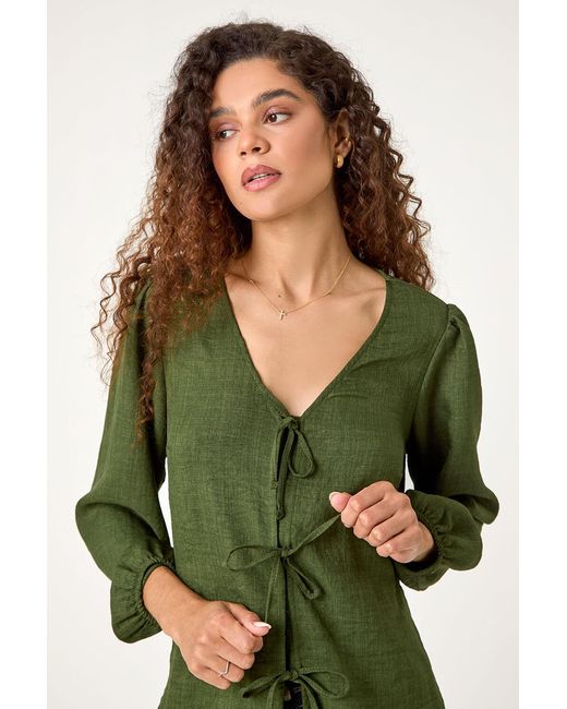 Roman Green Tie Front Woven Top