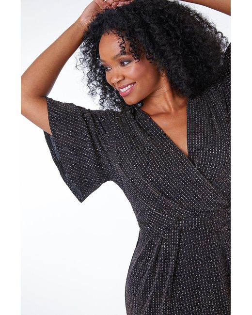 Roman Petite Black Sparkle Stretch Wrap Mini Dress