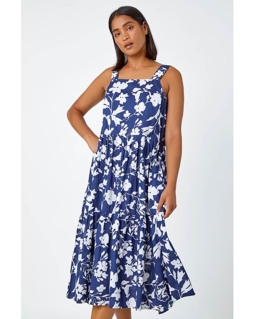 Roman Blue Sleeveless Cotton Floral Midi Dress