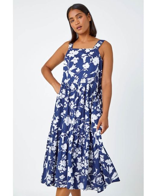 Roman Blue Sleeveless Cotton Floral Midi Dress