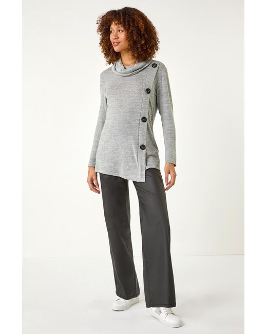 Roman Gray Cowl Neck Button Stretch Top