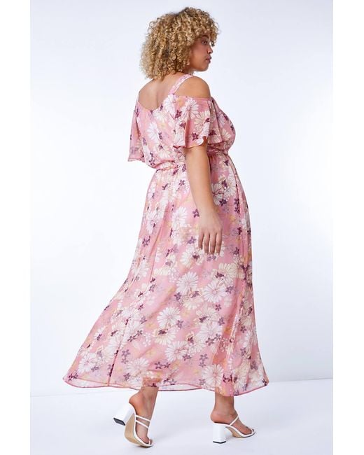 Roman Curve Pink Floral Cold Shoulder Chiffon Maxi Dress