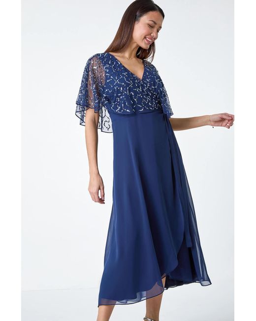 Roman Blue Sequin Embellished Maxi Wrap Dress