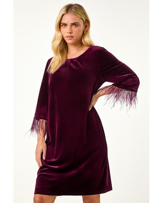 Roman Petite Red Velvet Feather Trim Stretch Dress